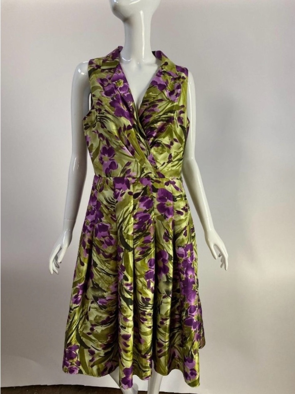 Jessica Howard summer Green and Purple Floral faux-wrap halter Midi Dress size 8